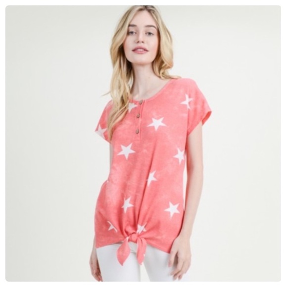 (95)New Casual Star Print Short Sleeve Top With Front Tie Hem - Picture 7 of 9
